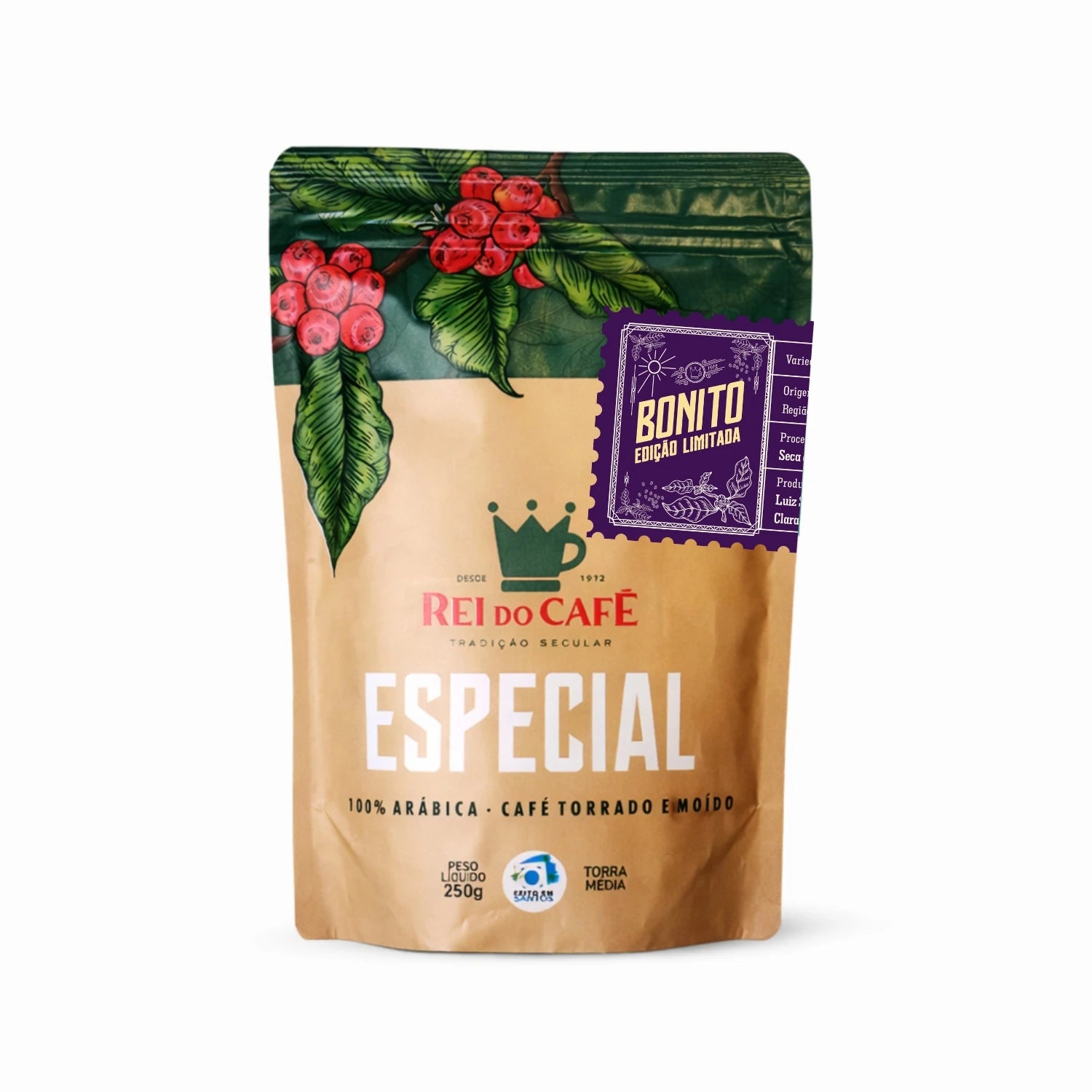 Pacote de café Rei do Café Bonito Edição Limitada, especial 100% arábica torrado e moído, torra média, 250g, com selo de edição limitada